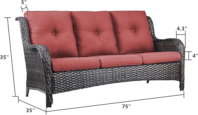 Rilyson Outdoor Couch Wicker Patio Sofa - 3 Seat Rattan Sofa with Deep Seating and Comfortable Cushions for Outside Porch Deck Balcony Garden(Brown/Red)