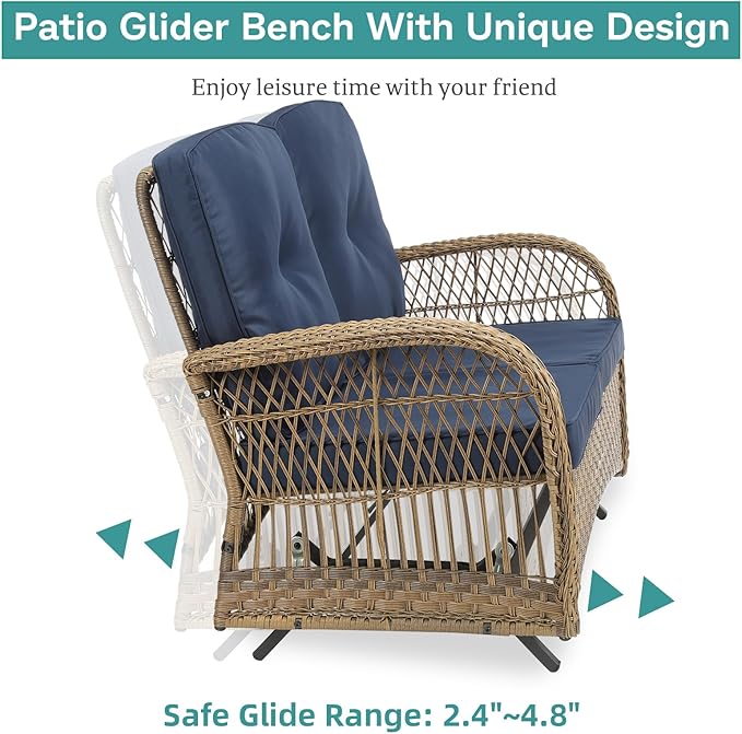 MEETWARM 7 Pieces Outdoor Patio Rattan Furniture Sets, All Weather Patio Wicker Conversation Set- 2 Rocking Chairs, 2 Swivel Chairs, 1 Loveseat Glider w/Cushions, 2 Glass-Top Coffee Table, Navy Blue