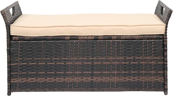 33 Gallon Outdoor Wicker Storage Bench with Cushion, Rattan Storage Box, 2-in-1 Large Capacity Rectangle Garden Storage Box Wicker Deck Box with Handles＆Seat for Backyard, Balcony, Poolside (Brown)