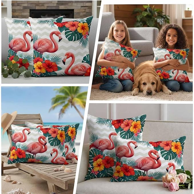 Pink Flamingos Outdoor Pillow Covers 16"x16" Set of 2, Summer Red Hibiscus Flower Tropical Plant Wave Stripes Waterproof Throw Pillow Covers for Patio Furniture, Decorative Cushion Covers for Porch