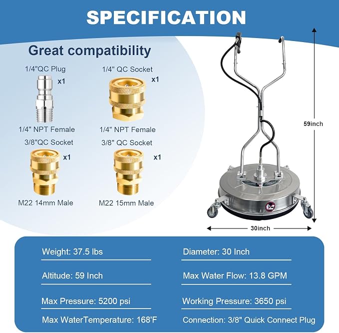 30" Pressure Washer Surface Cleaner with 4 Wheels, Stainless Steel Dual Handle Surface Cleaner for Pressure Washer 5200 PSI Attachment for Concrete, Deck, Driveways, Patios, Sidewalks