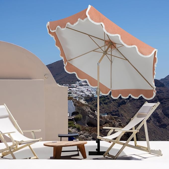 Tempera 9ft Scalloped Patio Umbrellas with Fringe, Market Umbrellas with Water-Resistant and Fade Resistant Canopy, 1.5" Wood Pole & Button Tilt.