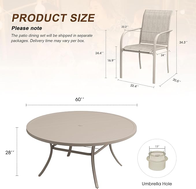 11 Pieces Patio Dining Set, 60" Round Dining Table with Umbrella Hole, 10 Stackable Textilene Fabric Chairs, Metal Structure for Patio, Porch, Garden, Sandshell