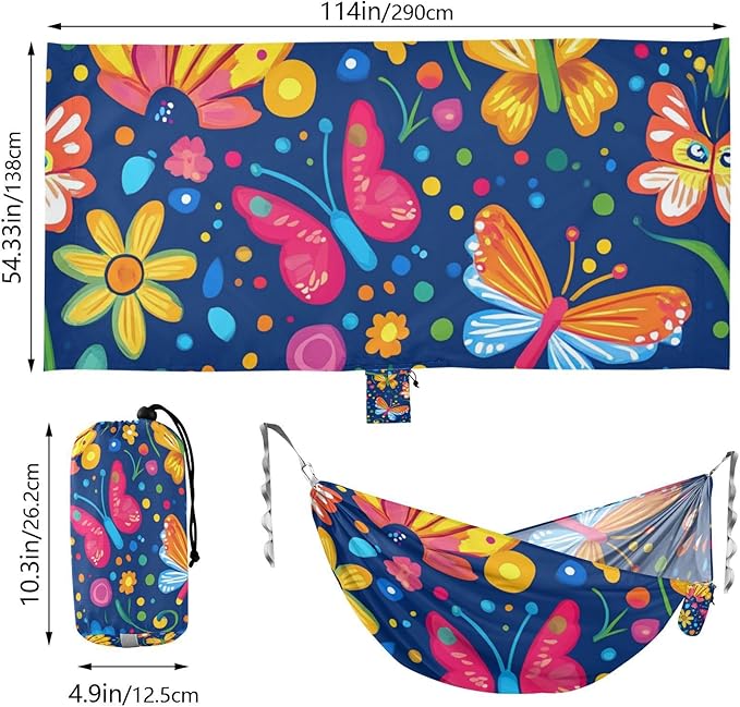 Cartoon Colorful Butterflies Flowers 330lb Capacity Outdoor Hammocks with Hanging Rope Hanging Hammock for Patio Backyard Lounge Base Base para poner hamaca
