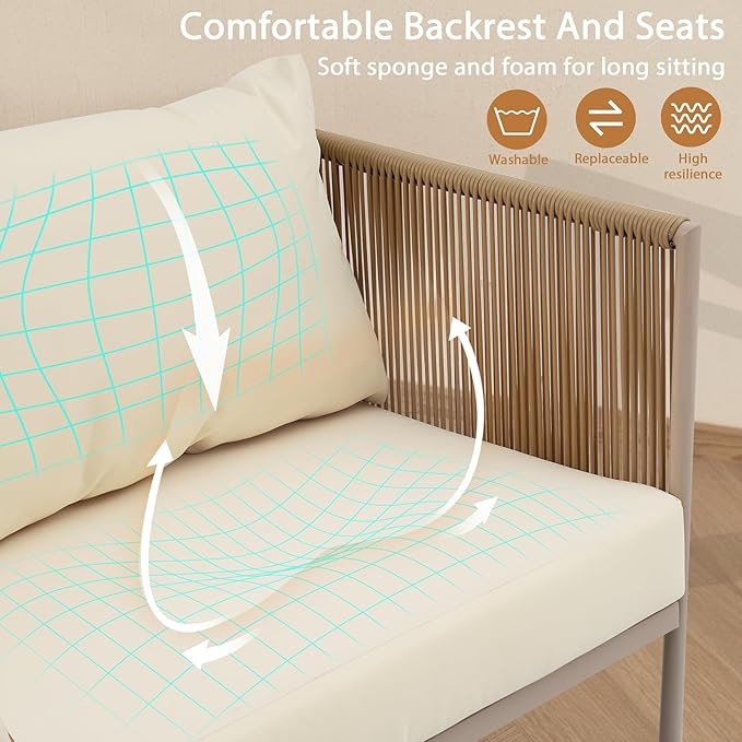 Outdoor Patio Furniture Couch Set, Rope Sofa Set with Thick Cushions and Toughened Glass Table All-Weather Wicker Sofa Conversation Set for Backyard, Beige