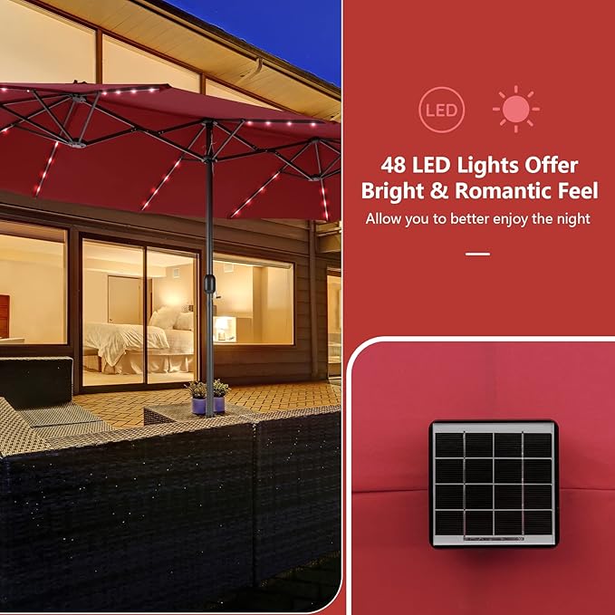 Tangkula 15 Ft Burgundy Twin Patio Umbrella with 48 LED Lights, Hand-Crank System for Poolside, Garden & Backyard Use