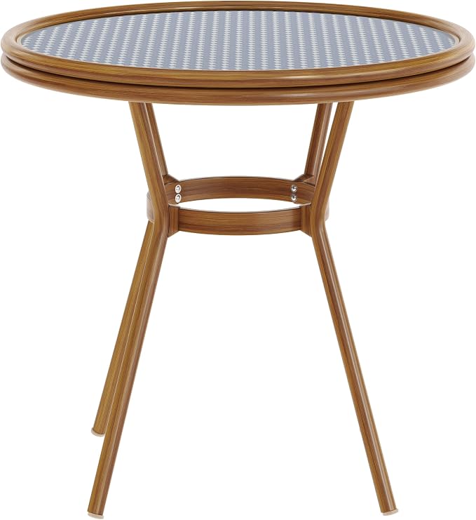 Flash Furniture Lourdes Indoor/Outdoor Commercial Bistro Table - Tempered Glass Top - PE Rattan - Natural Bamboo Print Aluminum Frame - 31.5" - Navy/White
