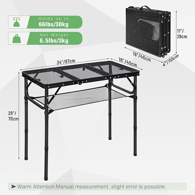RedSwing Tri-fold Folding Picnic Table, Lightweight Height Adjustable Iron Frame Table with Mesh Layer for Outdoor Camping Picnic BBQ, Black