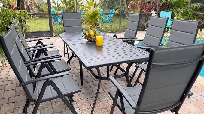 PURPLE LEAF Outdoor Dining Set for 8 Folding Patio Dining Set with Aluminum Rectangular Table and Padded Chairs All Weather Dining Table Sets for Garden Backyard Poolside, Grey
