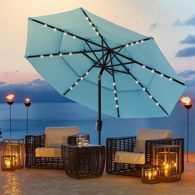 ABCCANOPY 3-Tiers 10FT Solar Patio Umbrella, Outdoor Umbrella with 32 LED Lights for for Deck, Pool, Garden, Backyard (Turquoise)