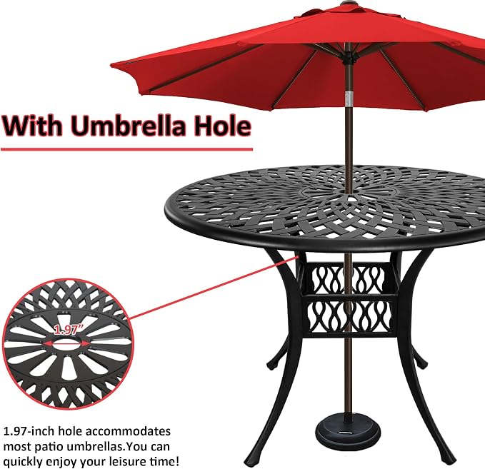 42" Cast Aluminum Outdoor Dining Table,Dining Conversation Side Table, Patio Bistro Table with 1.97" Umbrella Hole for Backyard, Garden, Patio, Porch