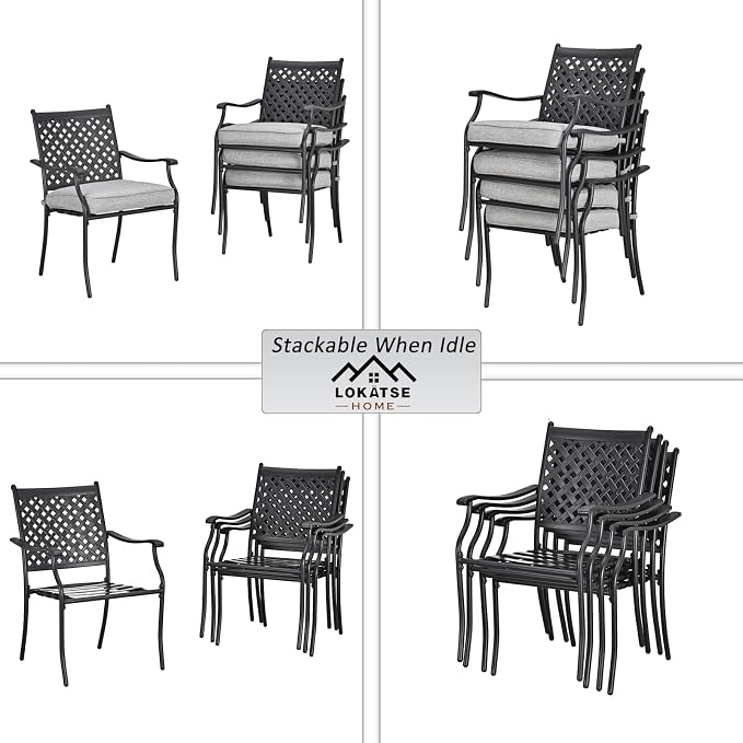 LOKATSE HOME Patio Dining Chairs Set of 4, Stackable Metal Wrought Iron Outdoor Chairs with Armrests & Thick Grey Cushions, All-Weather Heavy Duty Furniture for Garden, Backyard, Deck & Balcony