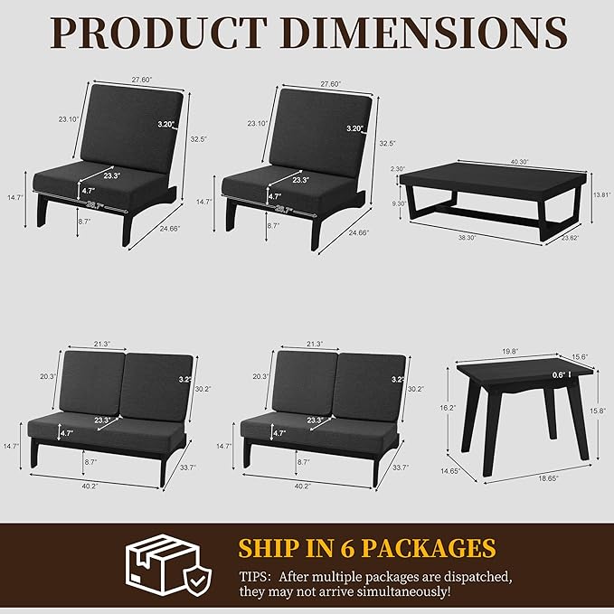 UIXE 6 Pieces All Weather Black Wood Patio Furniture Sets, 2 Patio Loveseat, 2 Patio Bistro Chair, Outdoor Sectional Sofa Furniture Backyard Conversation Set with Coffee Table - Dark Gray