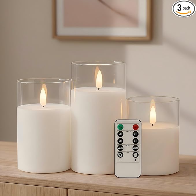 ANGELLOONG Glass Flameless Candles with Remote, White Battery Operated Candles with Timer, Electric Fake LED Candles for Bedroom Farmhouse Bathroom Coffee Table Decor, Clear