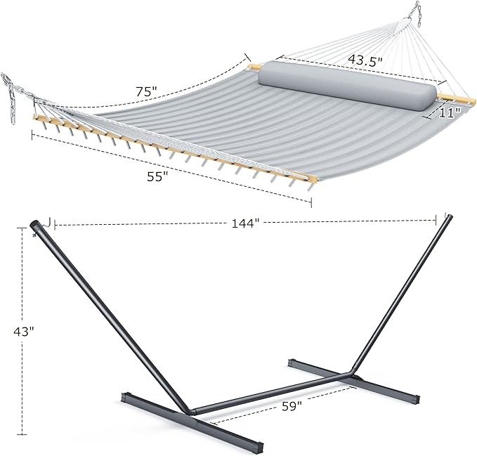Double Hammock with Stand, Heavy Duty Outdoor Hammock for Two, 500 LBS Capacity, Stable Steel Frame with Balance Strap, Easy Tool-Free Assembly for Patio, Garden, Backyard & Beach,Dark Grey