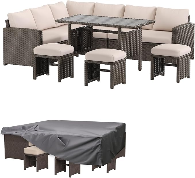 AECOJOY Outdoor Patio Furniture Set with Waterproof Cover, 7 Pieces Clearance Sectional Rattan Dining Table&Chairs, All Weather Wicker Conversation Sofa Couch, Khaki Cushions&Brown Rattan