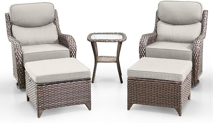 Swivel Patio Chairs sofa Set of 5 with 6" Thick Cushion - Wicker Outdoor Swivel Rocker Patio Chair with Side Table, High Back Comfortable Outdoor Glider Chairs - Brown Wicker | Beige Cushions