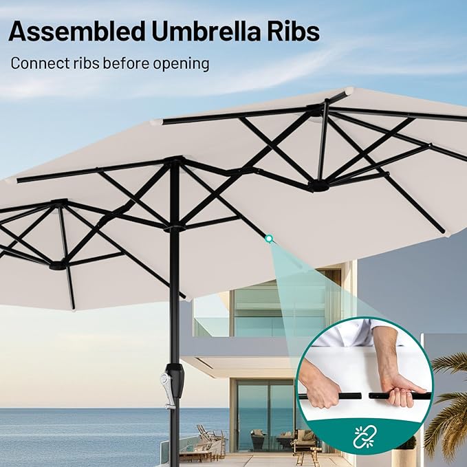 AreShark 15ft Patio Umbrella with Base, Double Sided Outdoor Umbrella with 12 Fiberglass Ribs, Large Outdoor Umbrella for Garden, Pool, Deck, Backyard & Market, Cream White