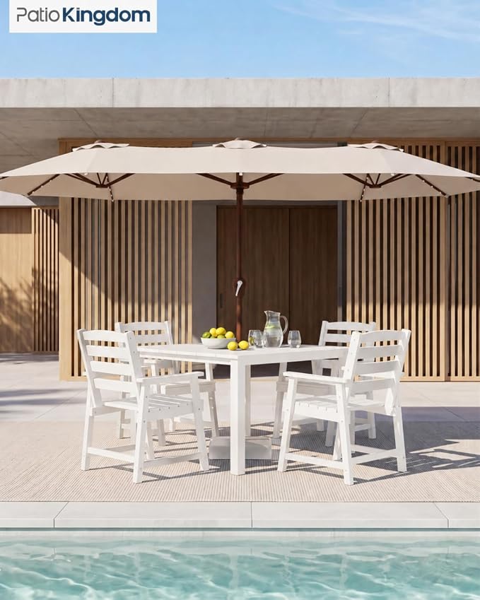 HDPE Outdoor Dining Set for 4 with 10FT Umbrella, White | All-Weather HDPE, Wood Grain Finish, 42.5" Square Table, Built-In Umbrella Hole, Seats 4, Patio & Poolside Ready