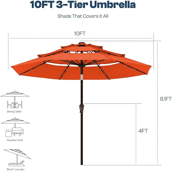 10ft 3-Tier Patio Umbrella with 32 Solar Powered LED Lights, Windproof Outdoor Market Umbrella for Deck, Poolside & Garden, Sturdy Push-Button Tilt Table Umbrella, Terracotta
