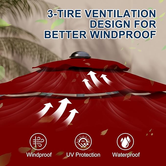10FT 3-Tier Aluminum Outdoor Patio Umbrella, Fade-Resistant Market Umbrella with Push Button Tilt Function, 8 Sturdy All-Aluminum Ribs for Gardens, Patios, Backyards & Pools