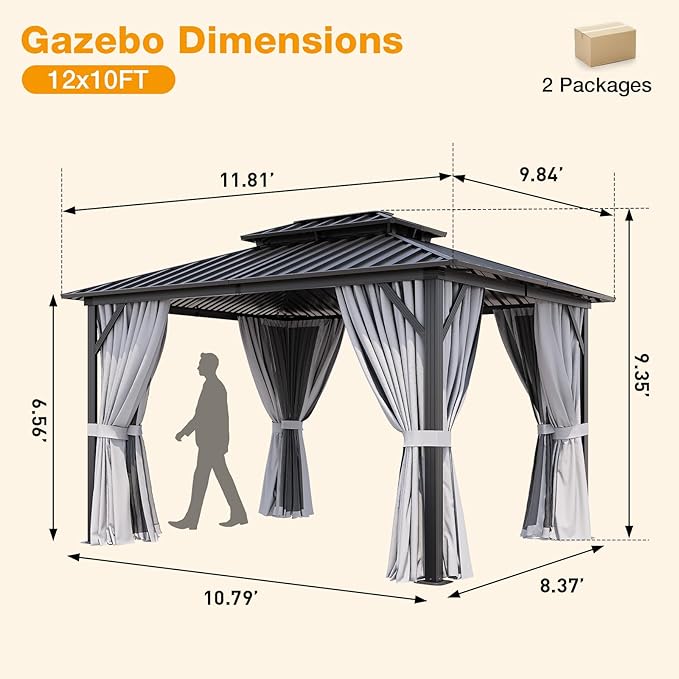 10x12FT Hardtop Gazebo, Metal Frame with Double Galvanized Steel Roof, Permanent Outdoor Pergola with Curtains and Netting Included for Backyard, Patio, Lawn and Garden, Gray