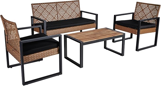 LUMISOL 4-Piece Outdoor Wicker Conversation Sofa Set for Backyard, Patio All Weather Wicker Conversation Set with Acacia Wood Table Top, Light Brown