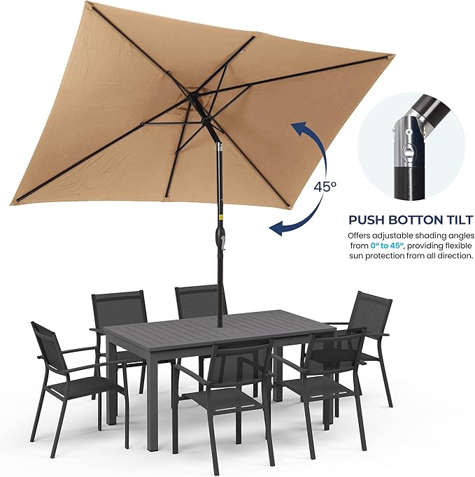 FansaFurn 6.5 x 10 Ft Rectangular Patio Umbrella Aluminum Pole, Outdoor Table Market Umbrella with Crank, 6 Steel Ribs, Polyester Canopy.EU03