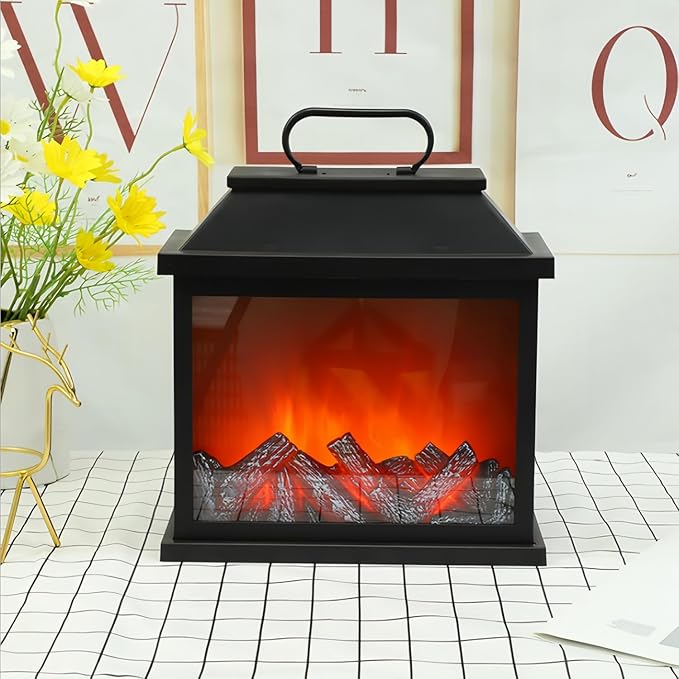 Simulated LED Fireplace Lantern USB & Battery Powered Flameless Light with Simulation Flame Table Decorative Lamp Mini Fireplace Ornament for Cozy Home Decor Free Standing Electric Log Burner