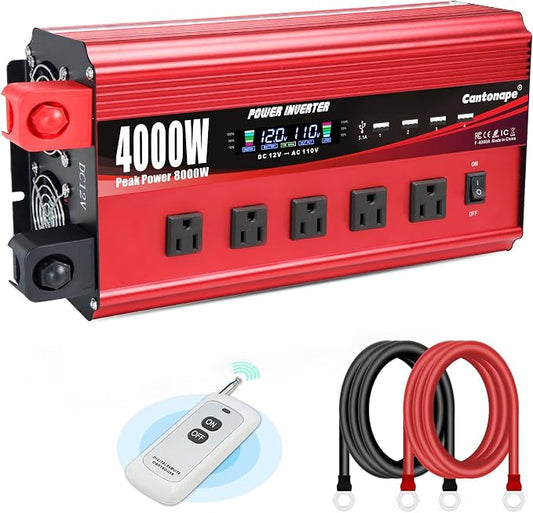 Cantonape 4000W Power Inverter 12V to 110V/120V DC to AC with LCD Display, Remote Controller 5 x AC Outlets and 4 x 3.1A USB Car Adapter for Car Truck Boat RV Solar System