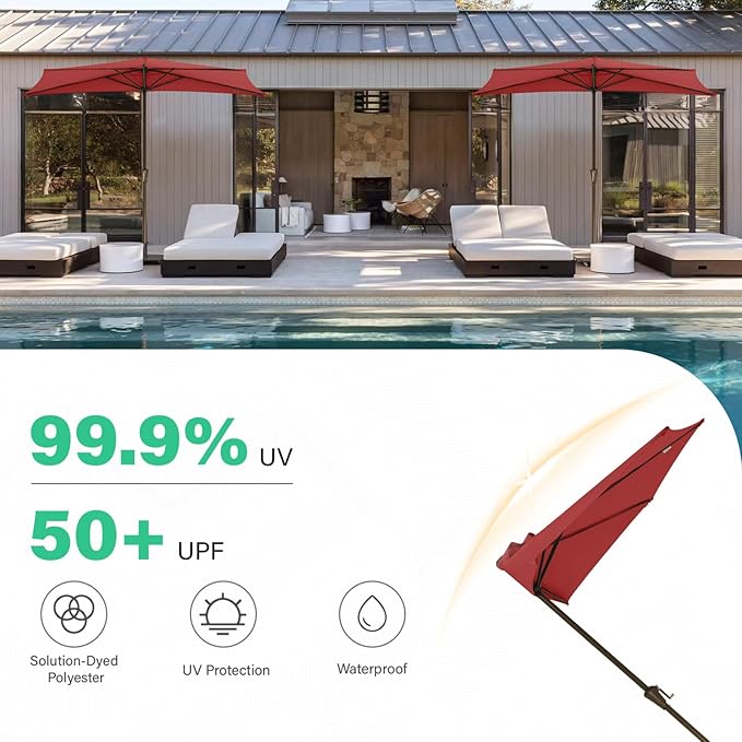 JEAREY 9ft Half Umbrella Outdoor Patio Umbrella Market Umbrellas with Crank, 1/2 Round Wall Umbrella 5 Sturdy Ribs UV Protection for Pool Garden Balcony Deck, Red