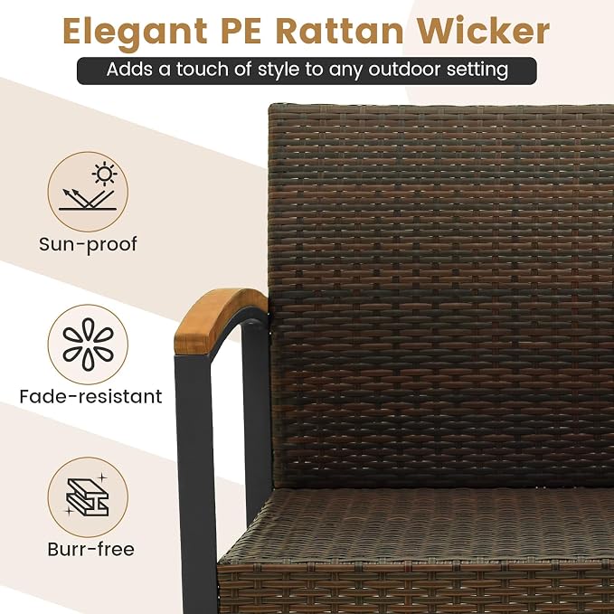 HAPPYGRILL 3 Pieces Patio Wicker Conversation Set with Acacia Wood Table, Outdoor PE Rattan Furniture Set for Poolside Backyard Lawn Garden