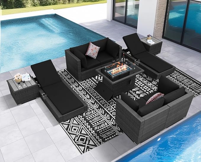 NICESOUL 9 Piece Patio Furniture Set with Firepit, Modern Outdoor Sectional Couch with Chaise Lounge, Comfy 29.3'' High-Back Backyard Seating, All-Weather Modular Sofa for Garden, Yard, Grey & Black