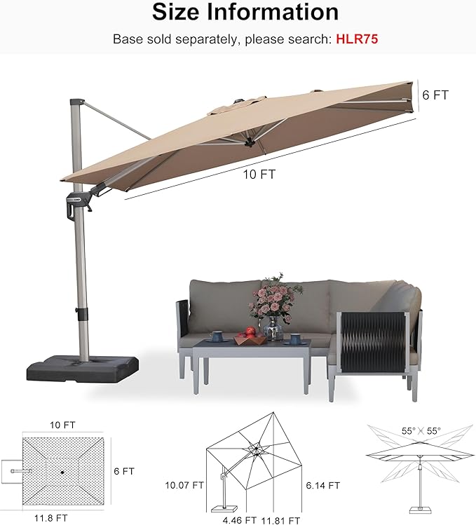 PURPLE LEAF 10' X 6.5' Left-right Tilting Patio Umbrella Outdoor Swivel Cantilever Umbrella Aluminum Offset Umbrella with Champagne Frame and 360-degree Rotation for Garden Deck Pool, Taupe