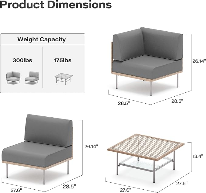 LAUSAINT HOME 7-Piece Outdoor Patio Furniture Set, Wicker Outdoor Conversation Set PE Rattan Sectional Sofa with Washable Cushions and Tempered Glass Table for Garden (Grey)