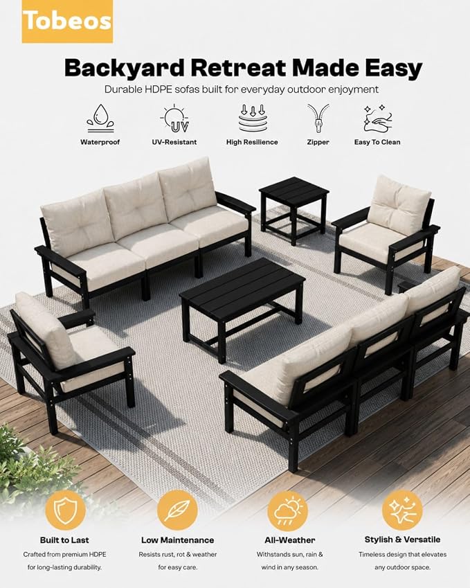 HDPE 3 Piece Patio Furniture Set, All-Weather Outdoor Couch Set with Thick Cushions, Patio Conversation Sets for Lawn, Garden, Porch, Balcony, Deck, Poolside, Black Frame Beige Cushion