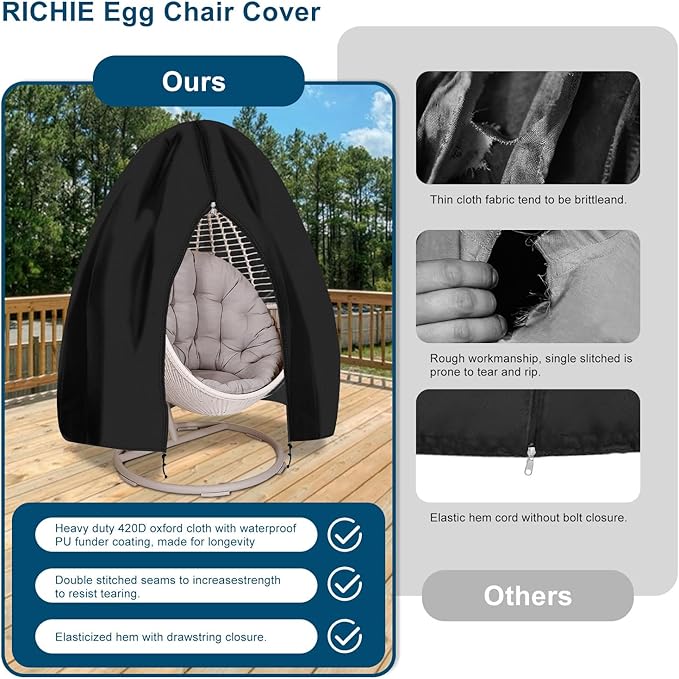 RICHIE Upgraded 75”x45” Patio Egg Chair Covers Waterproof & UV Resistant, Heavy-Duty Zippered Cover for Outdoor Egg Swing Chairs, Hanging Chairs, All-Weather Protection for Garden, Balcony, Black