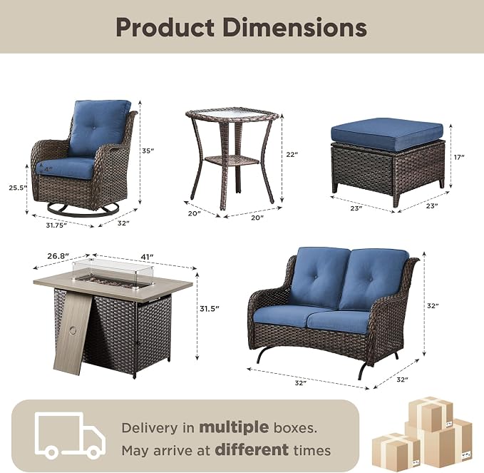 Belord Patio Furniture Set with Fire Pit Table,8 Piece Wicker Outdoor Furniture Set, Swivel Rocker Chairs with Ottomans and Loveseat, All Weather Patio Conversation Set, Pool,Yard, Brown Wicker/Blue
