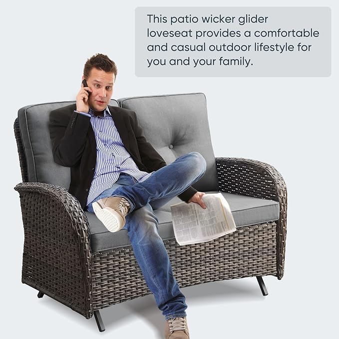 Belord Outdoor Glider Bench Patio Loveseat - 500 Lbs Weight Capacity 2 Seater Wicker Sofa, Small Porch Glider Furniture All Weather Rattan Couch with Removble Cushion for Balcony Deck Backyard, Brown