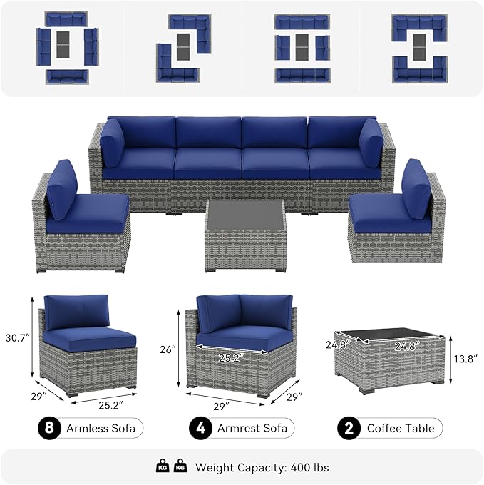 LazySunsets 14-Piece Patio Furniture Set, Wicker Rattan Outdoor Furniture with Thick Cushions, Patio Conversation Sets with Coffee Table, Outdoor Sectional Couch Sofa with Waterproof Cover, Blue