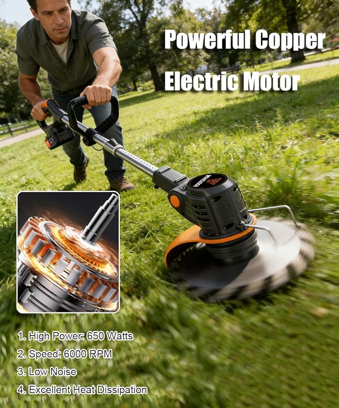 21V Battery Weed Wacker Cordless – 650W Motor & 6000 RPM Battery Powered Weed Wacker Eater with 2X 2.0Ah Batteries, Powerful Electric Weed Wacker Cordless for Effortless Garden & Lawn Care