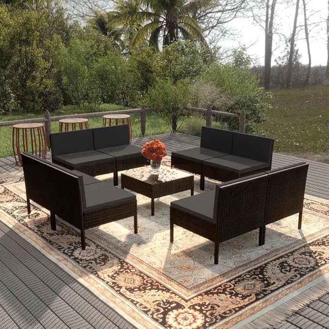 Patio Lounge Set with Cushions,Patio Furniture Sets,Patio Conversation Sets,Outdoor Furniture Sets,for Garden,Backyard,Outdoor,9 Piece Poly Rattan Black