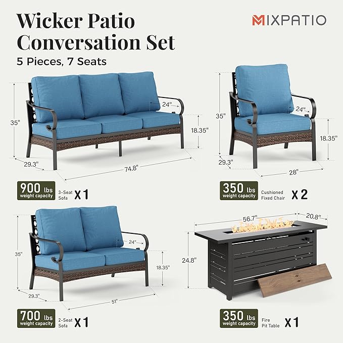 Patio Furniture Set with Fire Pit Table, Metal Outdoor Conversation Set with 5.75'' Extra Thick Cushion, 2 Leg Chairs, Loveseat Sofa, 3-Seat Sofa and Gas Fire Pit Table, Navy Blue