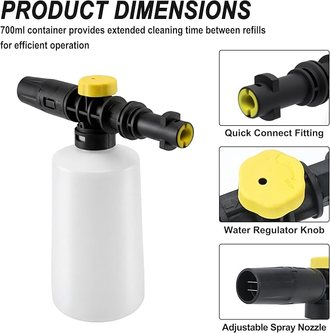 FJ6 Foam Cannon, Compatible with Kar-Cher K1-K7 Pressure Washers, 700ml Tank, Adjustable Spray Nozzle, for Cars, RVs, Garden Furniture, Patios