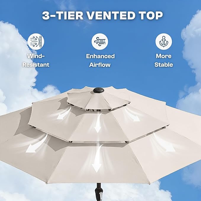 10ft 3-Tier Patio Umbrella with 32 Solar Powered LED Lights, Windproof Outdoor Market Umbrella for Deck, Poolside & Garden, Sturdy Push-Button Tilt Table Umbrella, Creamy White