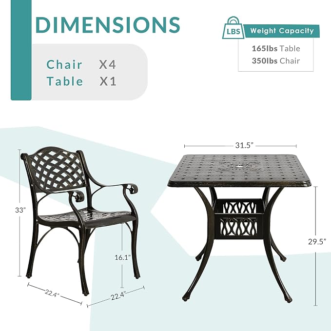 MEETWARM 5-Piece Outdoor Furniture Dining Set, All Weather Cast Aluminum Conversation Set Includes 4 Chairs and a 31.5” Square Table with 2.2" Umbrella Hole for Patio Garden Deck, Lattice Weave Design