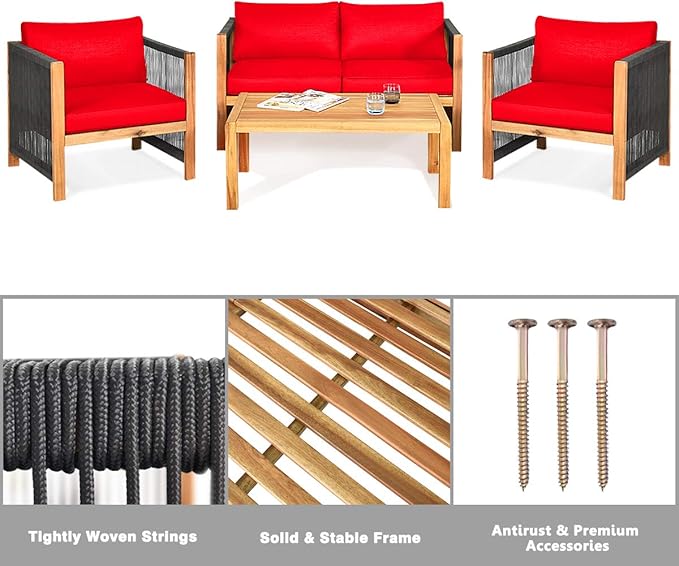 Tangkula Outdoor Wood Furniture Set, Acacia Wood Frame Loveseat Sofa, 2 Single Chairs and Coffee Table, 4 Pieces Conversation Set with Cushions, Garden Balcony Poolside Outdoor Living Set (1, Red)