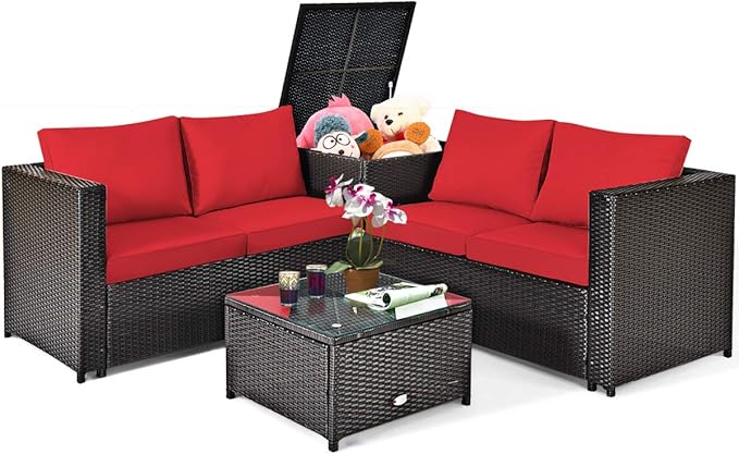 Tangkula 4 Piece Wicker Patio Set with Storage, All Weather-Proof Outdoor Conversation Set, with Loveseat, Glass Top Coffee Table & Storage Box, Suitable for Garden, Poolside, Sunroom (1, Red)