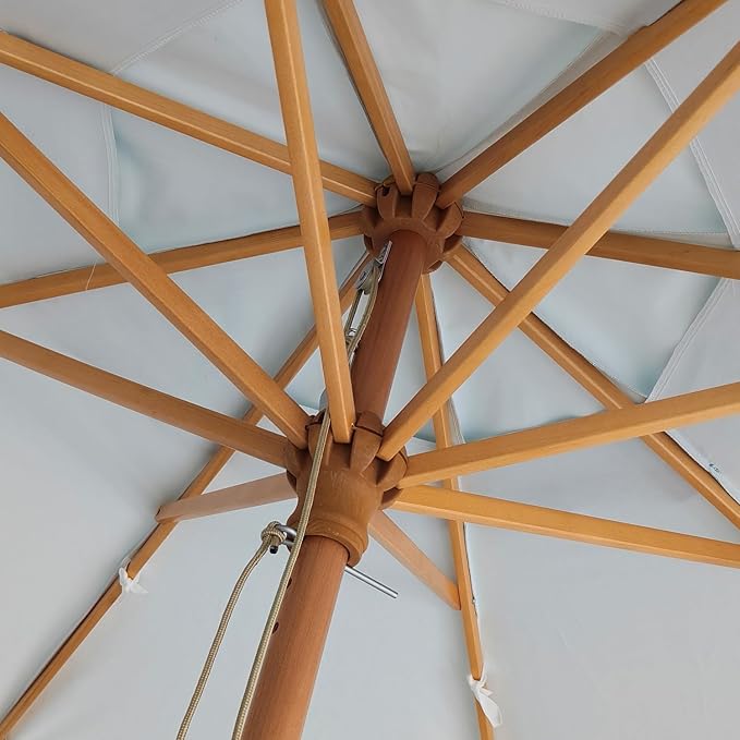 AMMSUN 8.2ft Vintage Wood Outdoor Umbrella, with a pulley system, UPF 50+, for markets, gardens, porches, courtyards, beach terraces, cafes, taverns, dining tables, pool sides, wedding venues