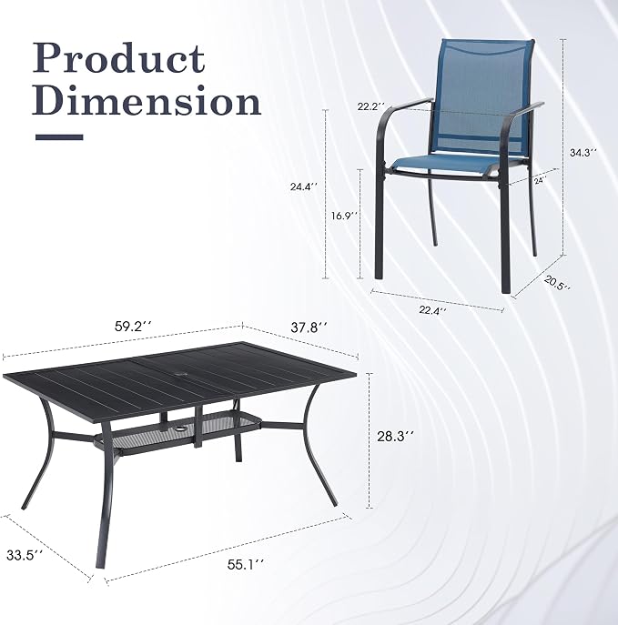 7 Pieces Outdoor Dining Set, Stackable Textilene Paito Chairs & 59.2" Rectangle Dining Table with Umbrella Hole and Shelf, Patio Dining Set for Backyard, Deck, Garden, Dark Blue & Black